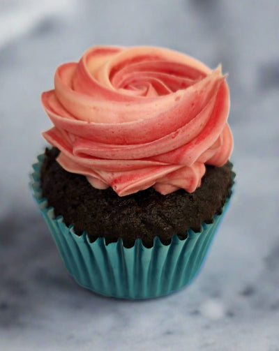 gluten free raspberry and chocolate petal cupcake